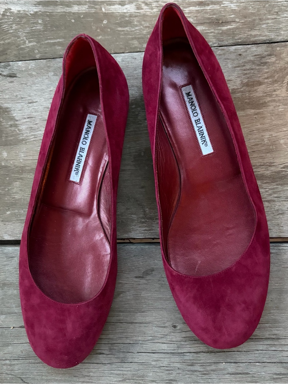 Manolo Blahnik Wine Burgundy Suede Round-Toe Flats